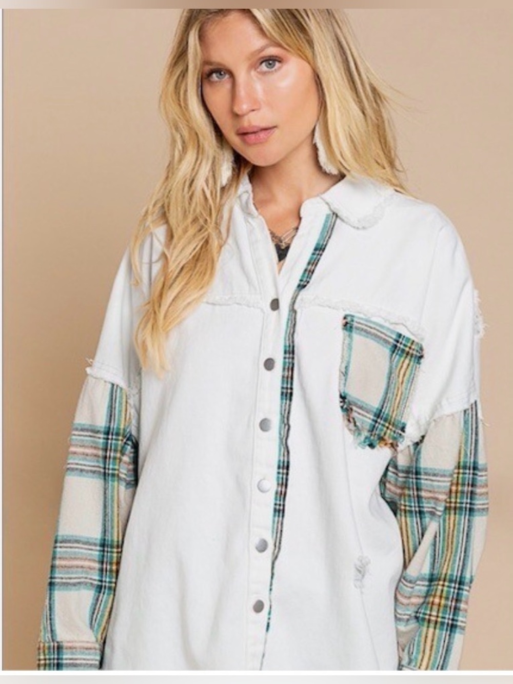 POL Plaid Stitched Pocket Denim Shacket Sz L